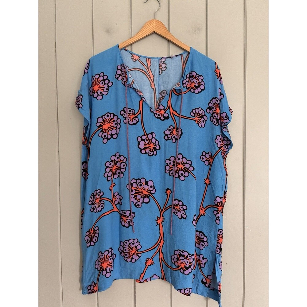 Diane von Furstenberg Cover-Up Tunic Dress XS/S Blue Floral Print Kimono Sleeves